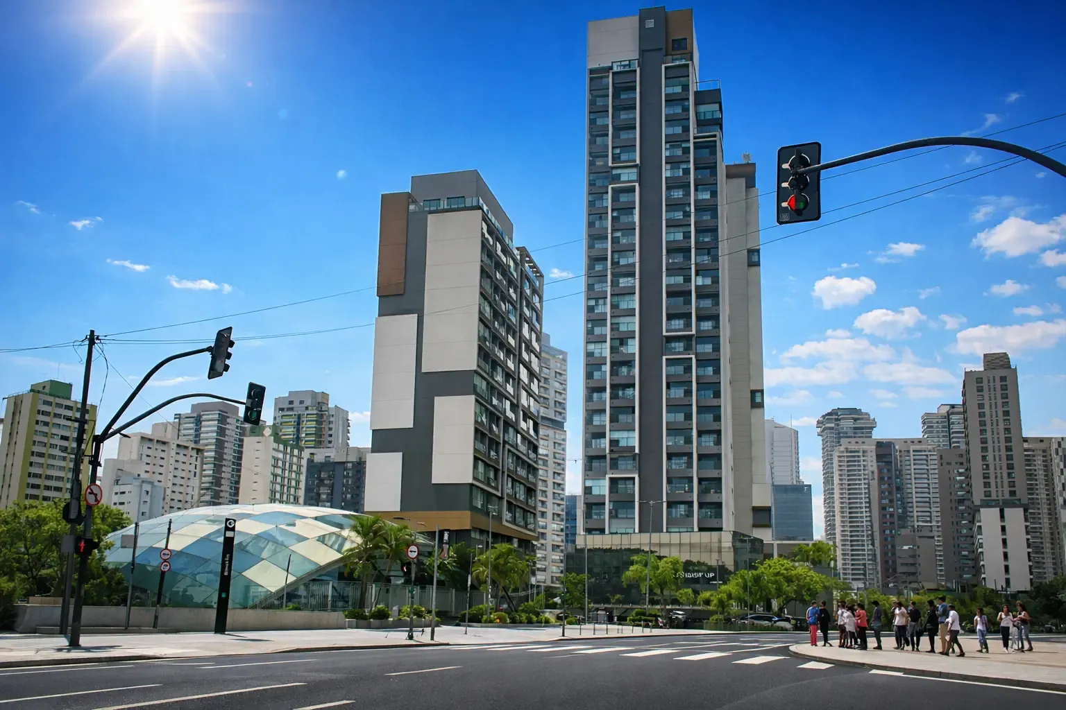 Wide urban intersection in Brooklin with tall residential towers, bright blue sky, and people waiting at the corner