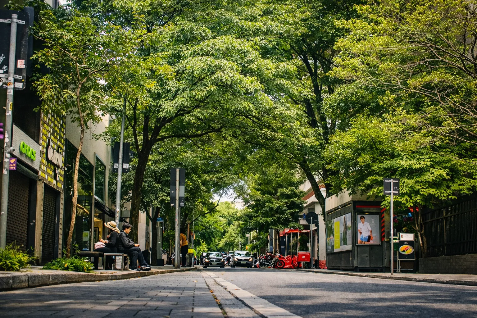 Street-level view of a shaded avenue with benches, trees, and parked cars