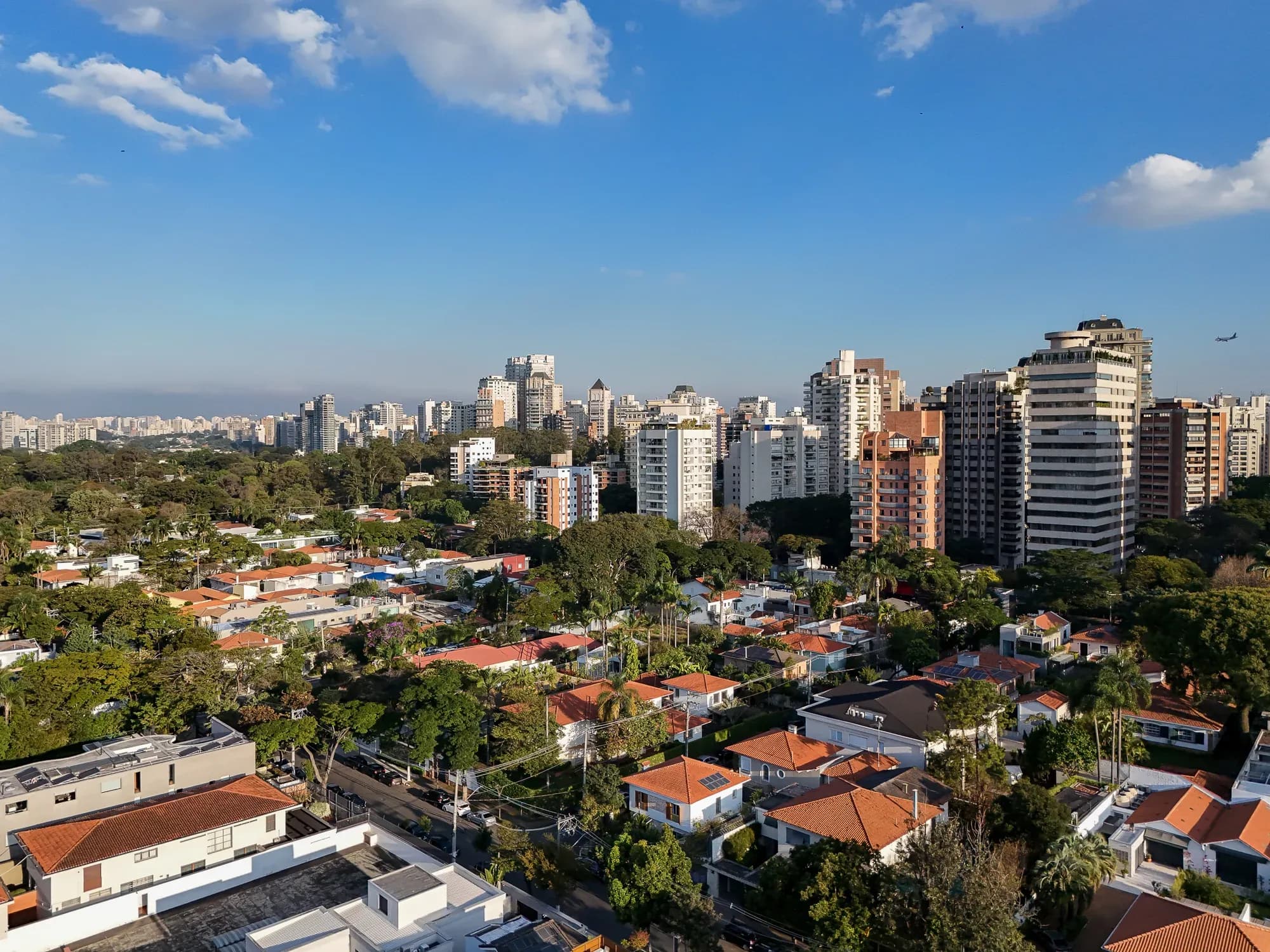 Aerial view of low-rise homes and residential towers beside a large green park in São Paulo