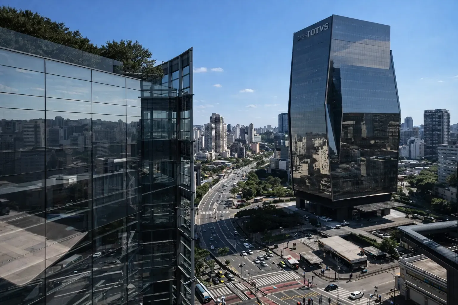 Aerial view of Faria Lima avenue with glass tower and city skyline