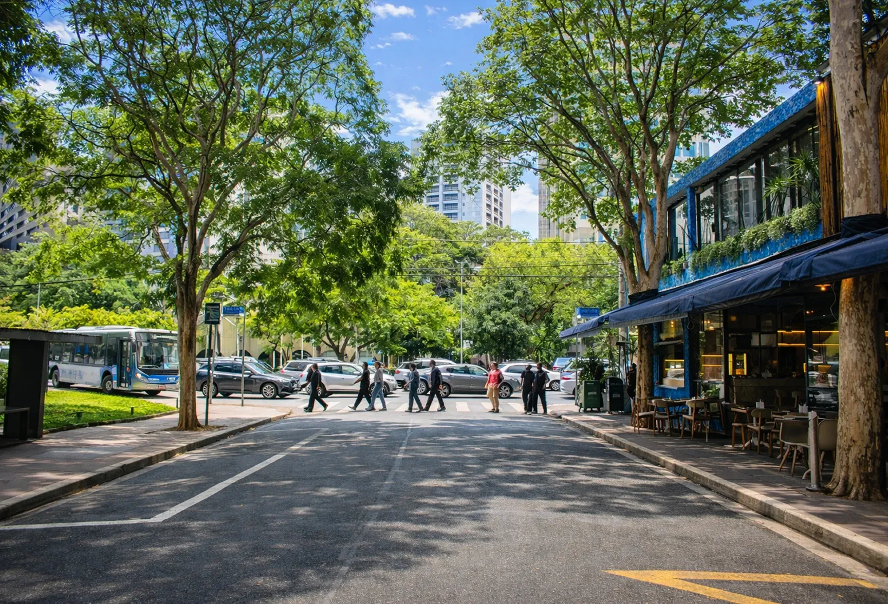 Tree-lined city street with a crosswalk and people crossing