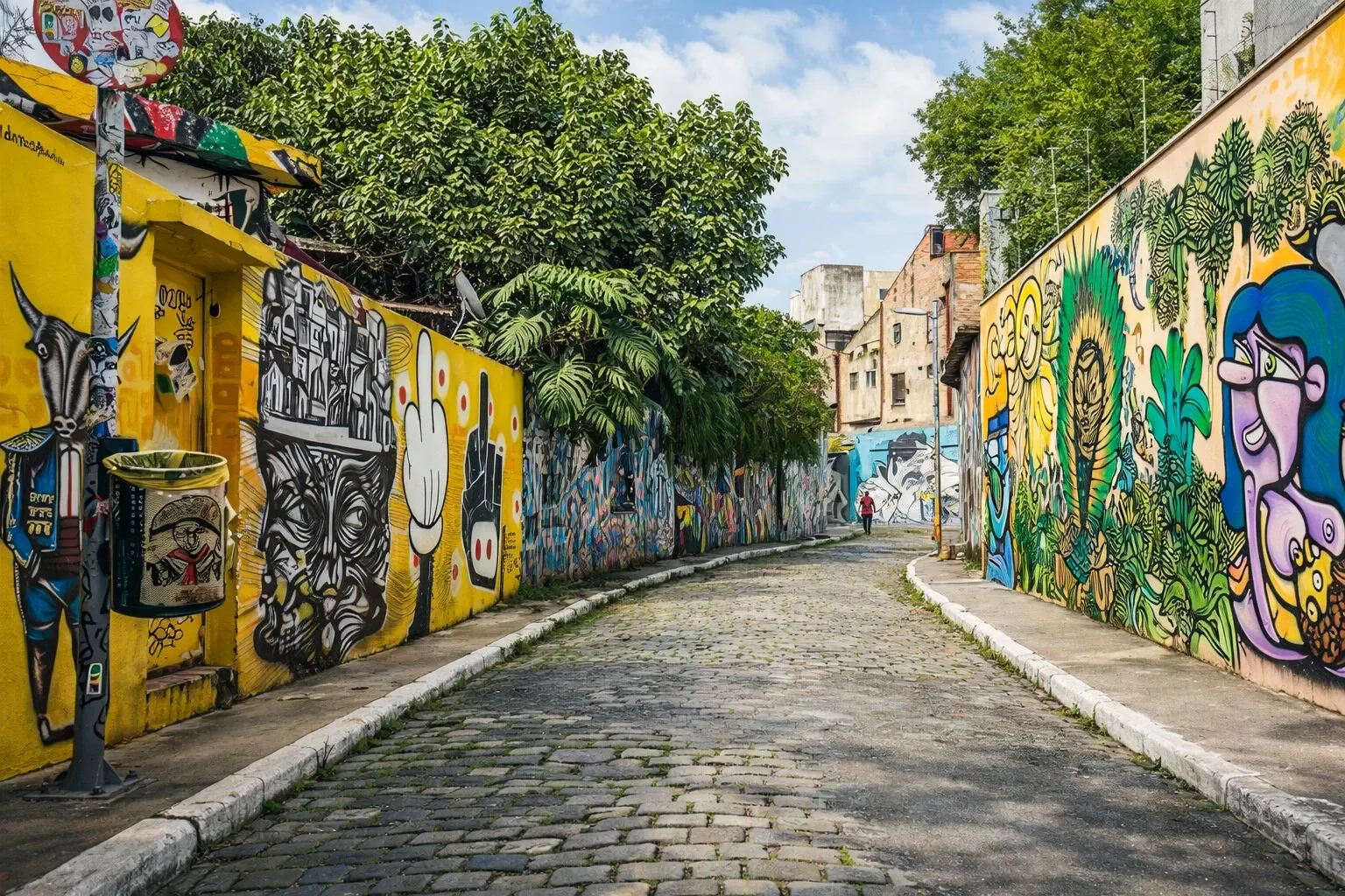 Colorful street art wall with a large Batman mural and a painted bench